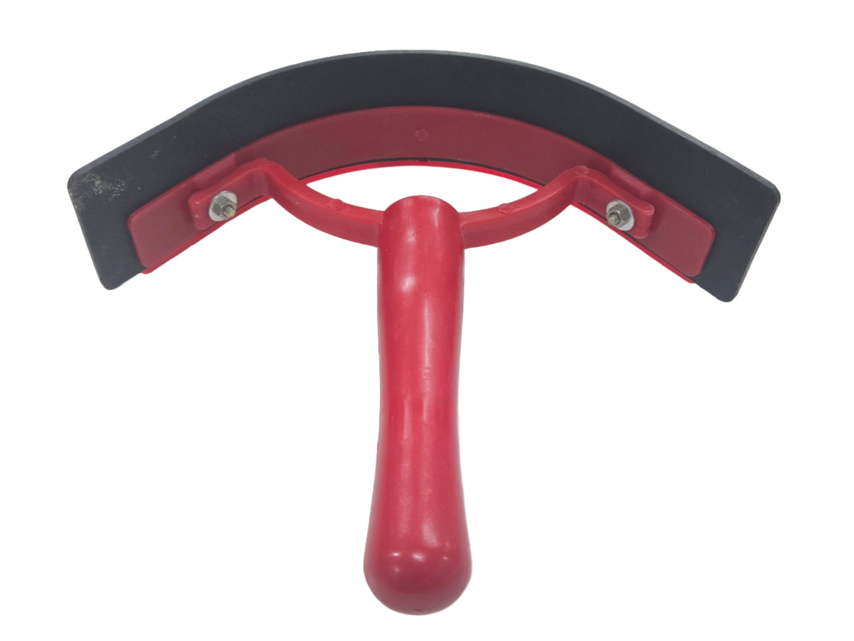 Red tool with a black curved blade on a white surface